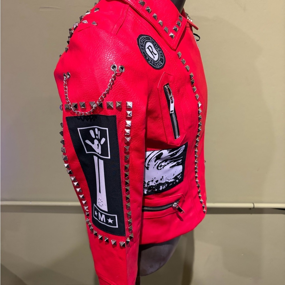 Robert Phillipe women Red Studded Biker Jacket with Patches vegan leather - Picture 4 of 5
